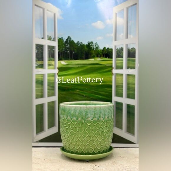 Celadon Green/Blue Ceramic Planter with Saucer Attached - Picture 2 of 9